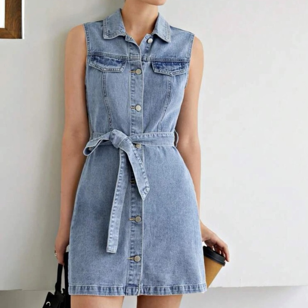 Sleeveless Belted Denim Dress